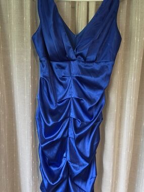 Roulette Royal Blue Satin V-Neck Ruched Midi Dress